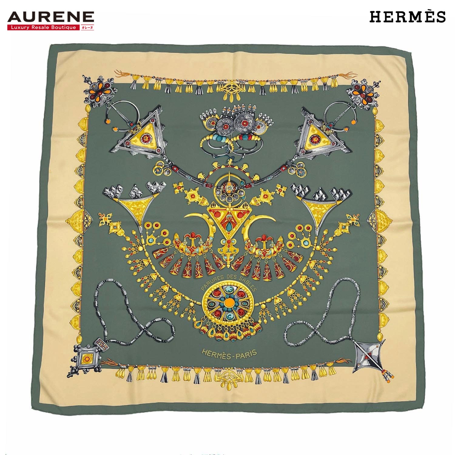 HERMES エルメス カレ90 PARURES DES SABLES 砂漠のアクセサリー 宝石柄 スカーフ
 ストール ハンカチ シルク グリーン ユニセックス
 【中古】