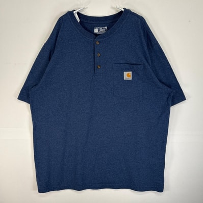 古着 カーハート Carhartt 半袖Tシャツ ヘンリーネック 肉厚 ワンポイント ロゴ 胸ポケ L ブルー系 無地 メンズ