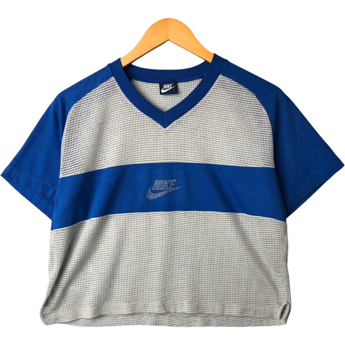 古着 80年代 ナイキ NIKE 紺タグ Vネック クロップド丈 メッシュ ゲームシャツ メンズL相当/eaa568272