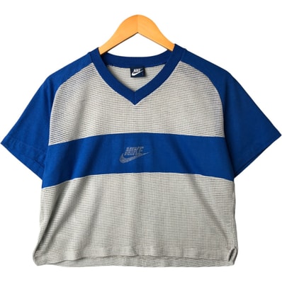 古着 80年代 ナイキ NIKE 紺タグ Vネック クロップド丈 メッシュ ゲームシャツ メンズL相当/eaa568272