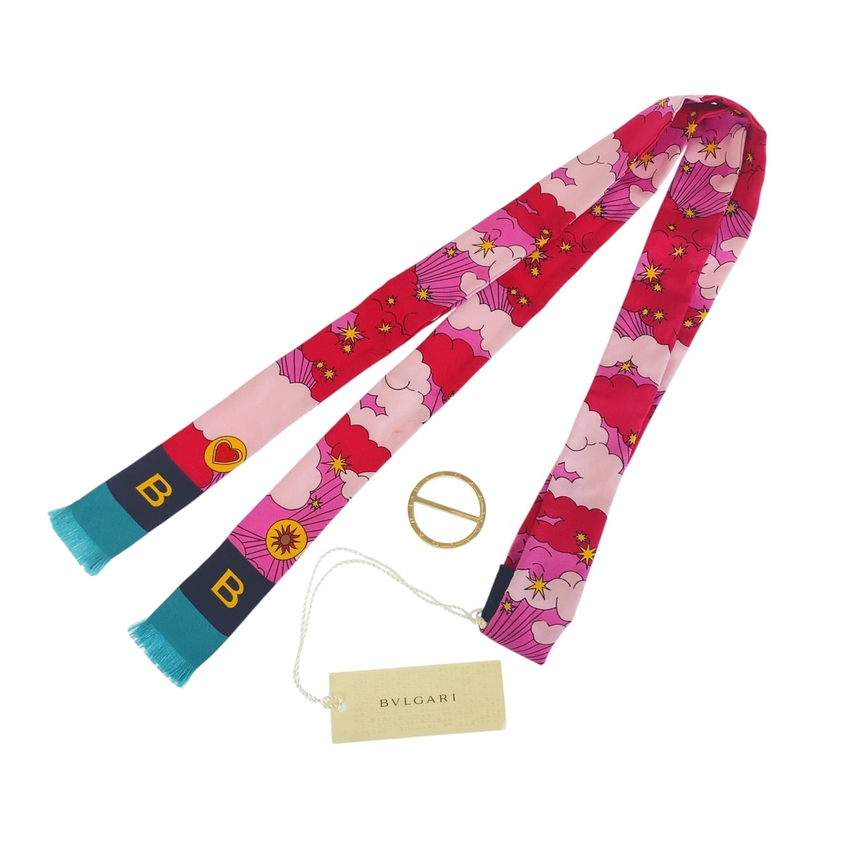 美品 BVLGARI ブルガリ ピンク ブルー シルク メタル/ リボンスカーフ スカーフリング 1-0294742 【中古】
