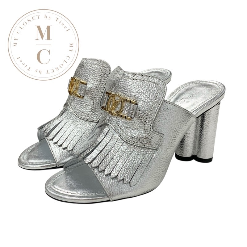 ルイヴィトン LOUIS VUITTON インディアナライン サンダル 靴 シューズ レザー メタリックシルバー ゴールド LVロゴ ミュール