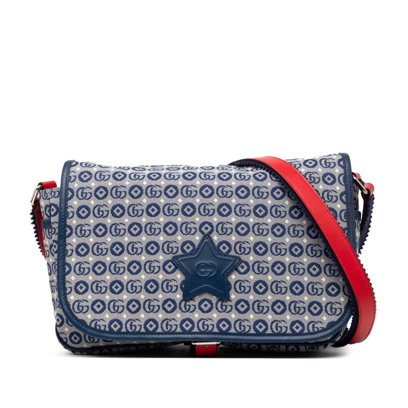 グッチ チルドレンズ ダブルG ロゴ 星 スター ショルダーバッグ 664143 ブルー レッド キャンバス レザー レディース GUCCI 【中古】