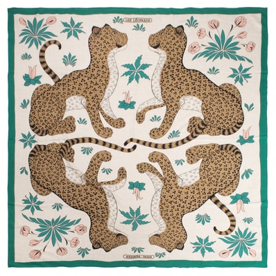 HERMES エルメス カレジェアン Les Leopards レオパード スカーフ ショール ストール カレ140 カシミヤ シルク ベージュ グリーン【中古】