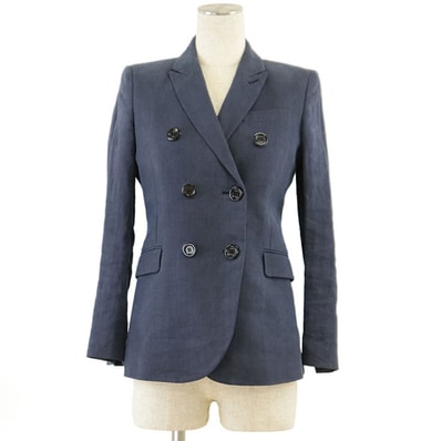 美品 グッチ ダブルブレスト 麻100% フローラル ライニング ジャケット レディース ネイビー 36 GUCCI