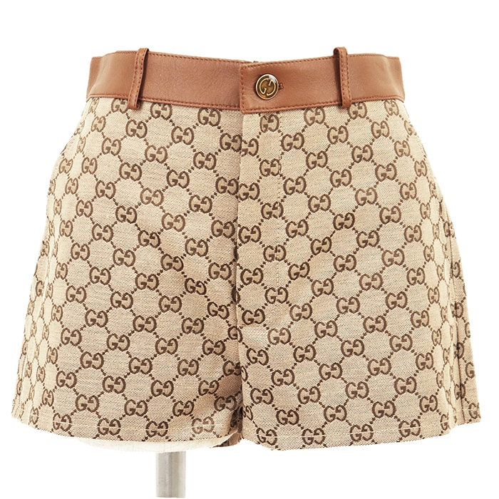 【未使用】GUCCI グッチ パンツ サイズ 38 レディース ショーツ GGスプリーム ロゴ ボタン レザー キャンバス ボトムス ハンガー付属 ブラウン 茶色 イタリア製