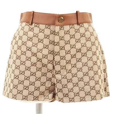 【未使用】GUCCI グッチ パンツ サイズ 38 レディース ショーツ GGスプリーム ロゴ ボタン レザー キャンバス ボトムス ハンガー付属 ブラウン 茶色 イタリア製