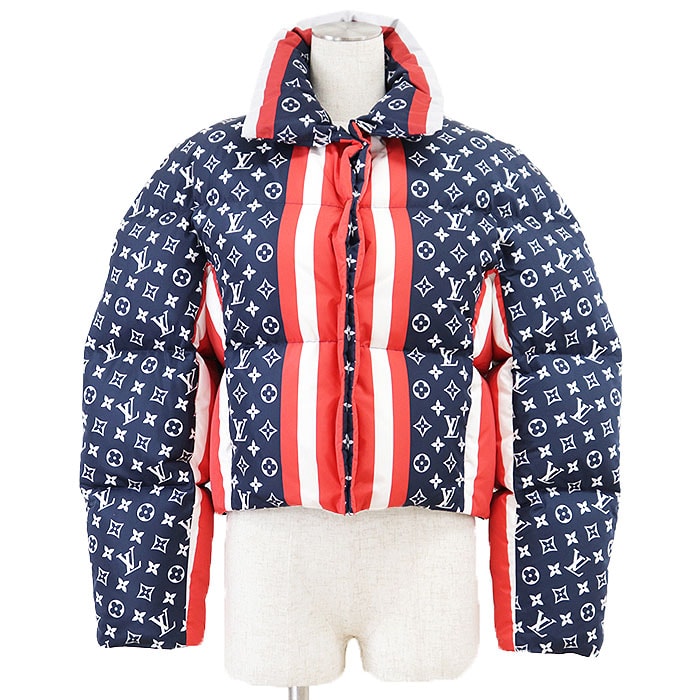 【極美品】LOUIS VUITTON ルイ・ヴィトン ダウンジャケット 2024年製 パファ LVロゴ モノグラム 星条旗 モチーフ ナイロン100% クロップド ショートレングス 短丈 アウター レディース 36 トリコロール イタリア製