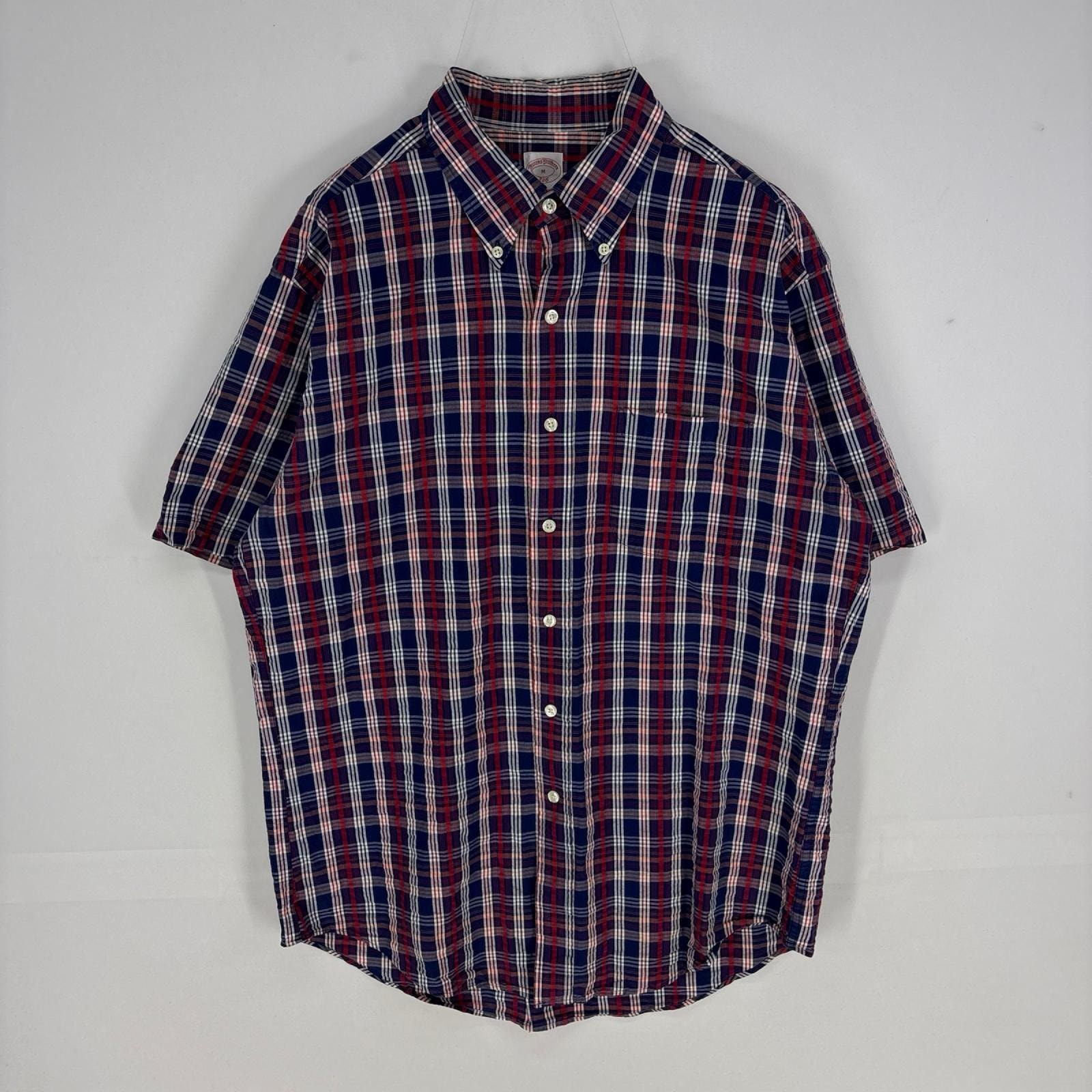 古着 ブルックスブラザーズ Brooks Brothers 半袖シャツ 346 ボタンダウン 胸ポケット ショートスリーブ M  レッド系 チェック メンズ