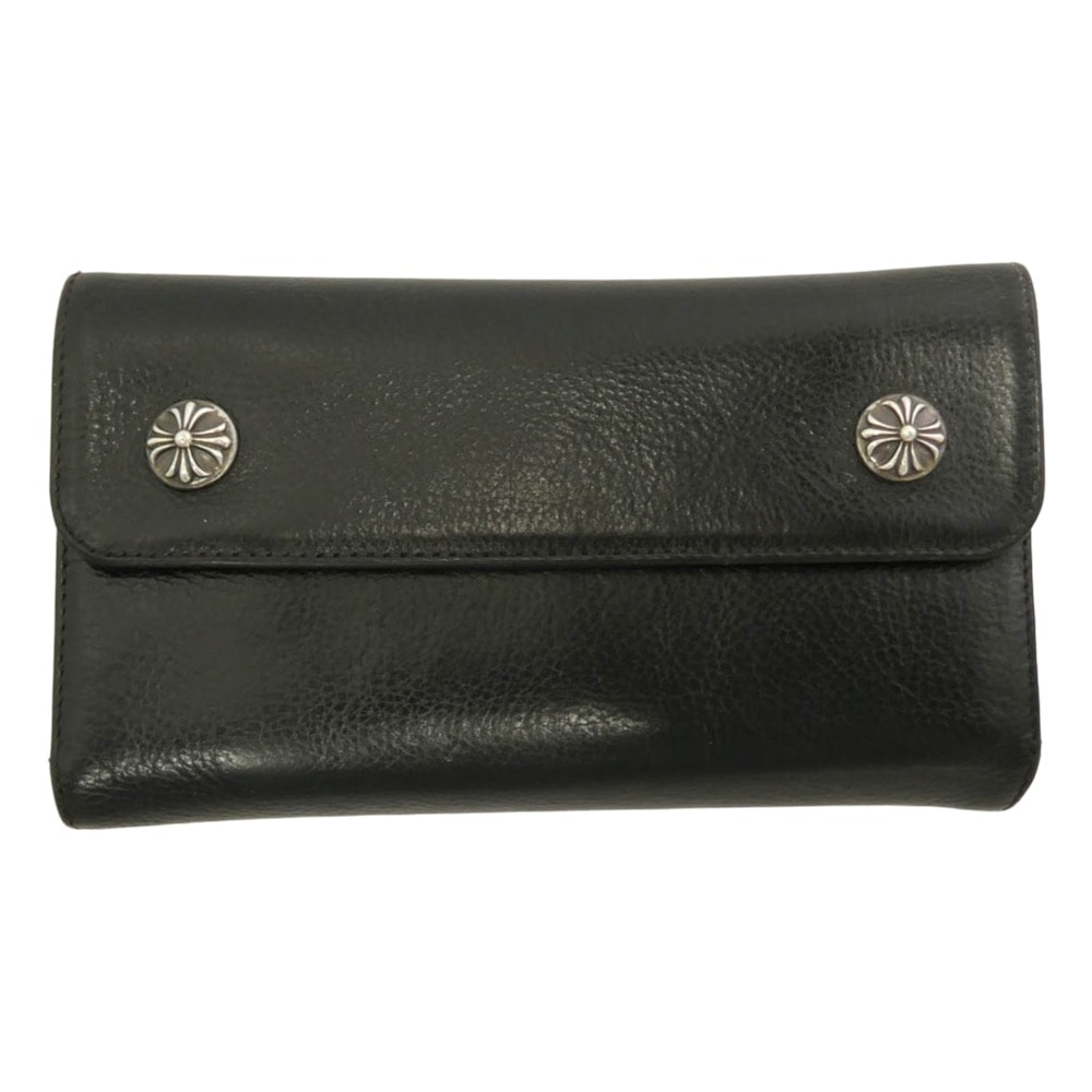 CHROME HEARTS クロムハーツ(原本有) インボイス付属 WAVE WALLET ウェーブ ウォレット クロスボールボタン ダガージップ レザー 長財布 ブラック系 シルバー系【中古】