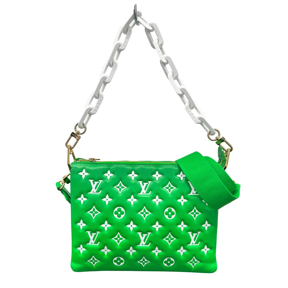 LOUIS VUITTON 美品 ルイヴィトン クッサンPM モノグラムエンボス 3way チェーンショルダーバッグ クラッチバッグ M20760 レザー RFID確認済 グリーン LV ABランク 中古 鑑定済 ヴィトンバッグ