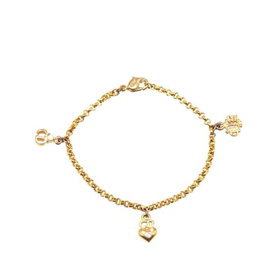 ディオール エンブレムロゴ CDロゴ ハート モチーフ ラインストーン チェーン ブレスレット ゴールド メッキ レディース Dior 【中古】