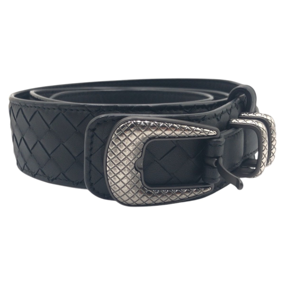 美品 BOTTEGAVENETA ボッテガヴェネタ イントレチャート 95/38 ブラック 黒 シルバー レザー ベルト 601839 【中古】