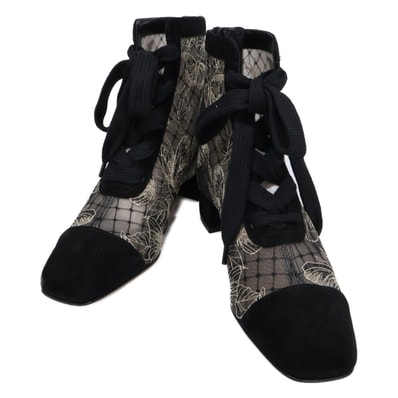 ディオール 【新品同様/23AW】Naughtily-D スエードxエンブロイダリーメッシュ バタフライ レースアップ ヒールショートブーツ 35