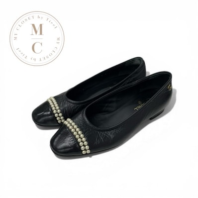 シャネル CHANEL フラットシューズ 靴 シューズ レザー ブラック ココマーク パール フラットパンプス