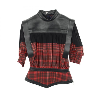 ルイ・ヴィトン LOUIS VUITTON チェック ギャザー ブラウス 衣料品 トップス ウール シルク レザー レディース ブラック系 / ボルドー系 / マルチカラー 【中古】