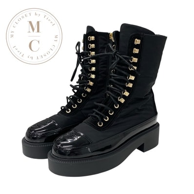 シャネル CHANEL ブーツ ショートブーツ 靴 シューズ ナイロン パテント ブラック 黒 ゴールド ココマーク レースアップ