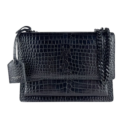 サンローラン SAINT LAURENT ショルダーバッグ サンセット ミディアム 型押しレザー ブラック レディース 442906【中古】 z10563