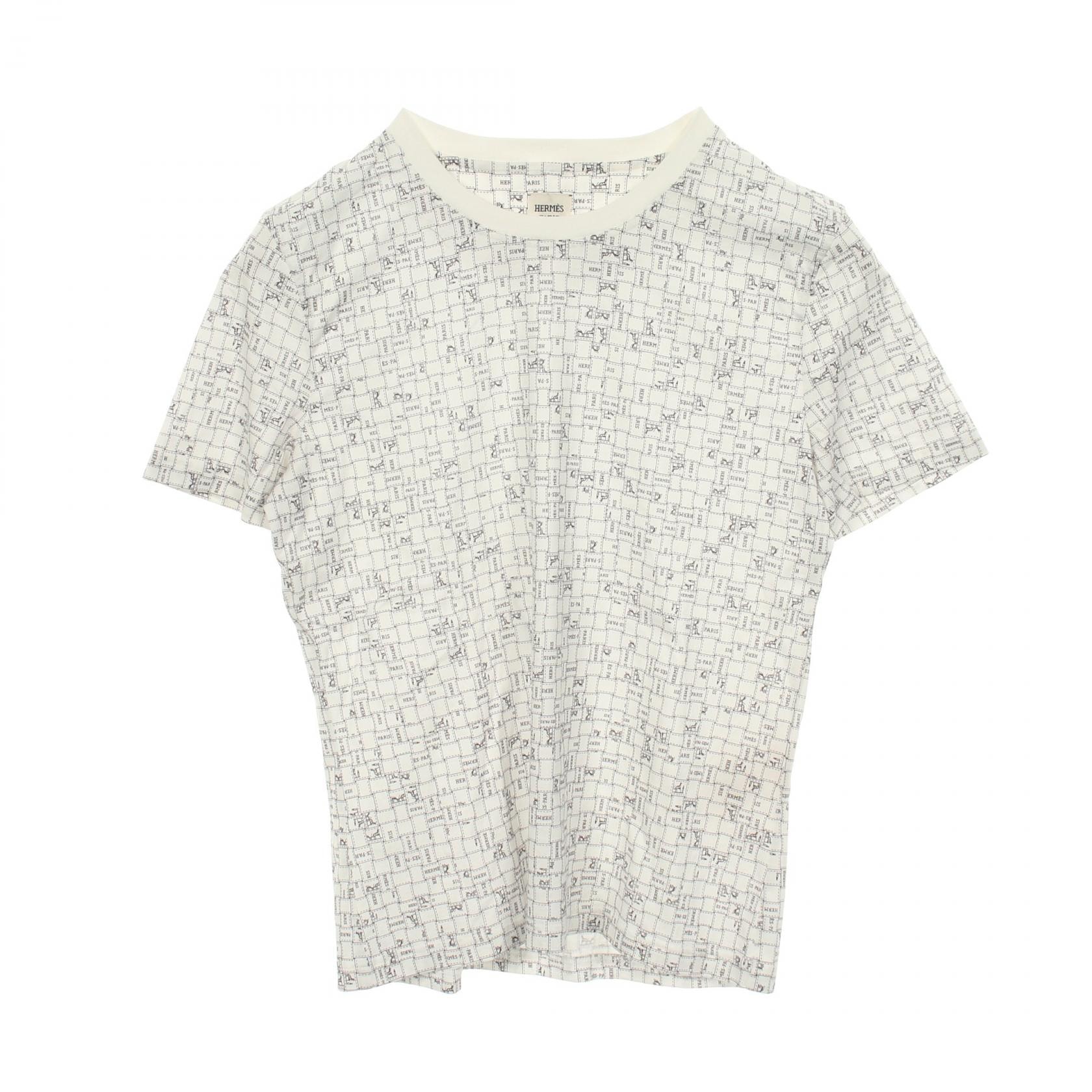 エルメス HERMES BOLDUC AU CARRE ボルデュック チェック 半袖Tシャツ 衣料品 トップス コットン ホワイト レディース ホワイト系 【中古】