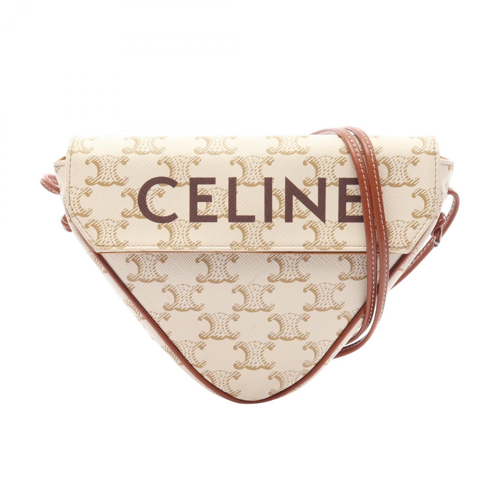 セリーヌ CELINE トリオンフ トライアングル ミニ ショルダーバッグ バッグ PVCコーティングキャンバス レザー レディース アイボリー系 / ブラウン系 195902 【中古】