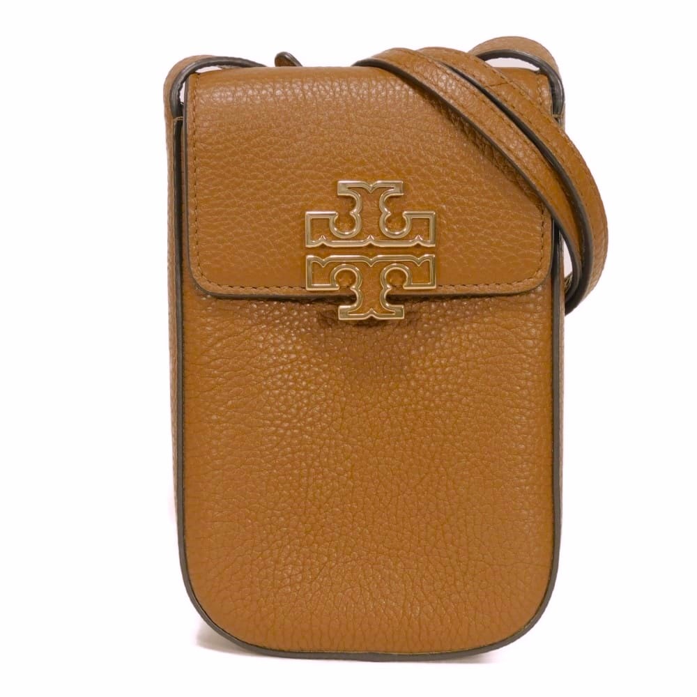 Tory Burch トリーバーチ ブリテン フォン クロスボディ ペブルド ブラウン フラップ マグネット ポシェット スマホケース ダブルT ロゴ ムース ショルダーバッグ 151007