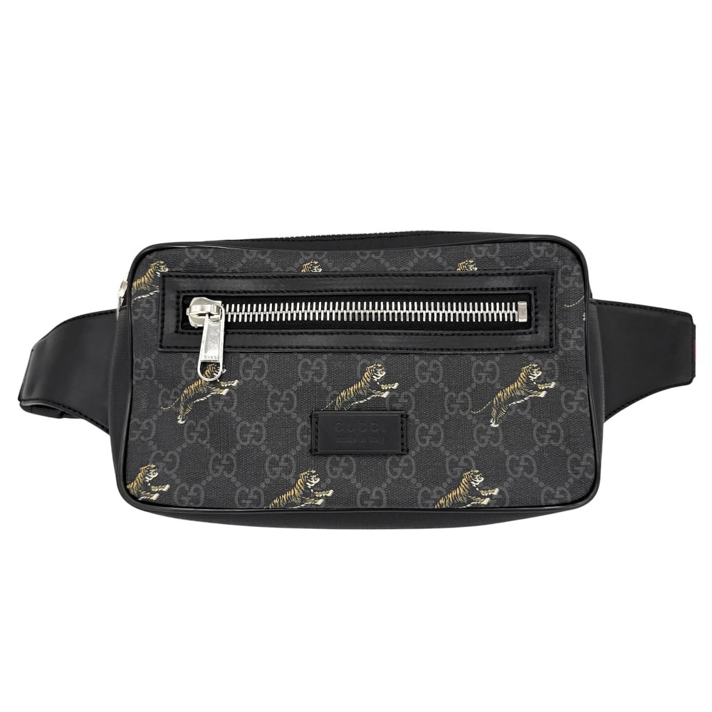 GUCCI グッチ ウエストバッグ タイガー ベルトバッグ ボディバッグ ウェブストライプ 斜め掛け 小さめ 虎 474293 GGスプリームキャンバス  レザー   ブラック 黒 シルバー金具 メンズ【中古品】