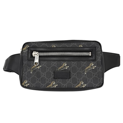 GUCCI グッチ ウエストバッグ タイガー ベルトバッグ ボディバッグ ウェブストライプ 斜め掛け 小さめ 虎 474293 GGスプリームキャンバス レザー ブラック 黒 シルバー金具 メンズ【中古品】