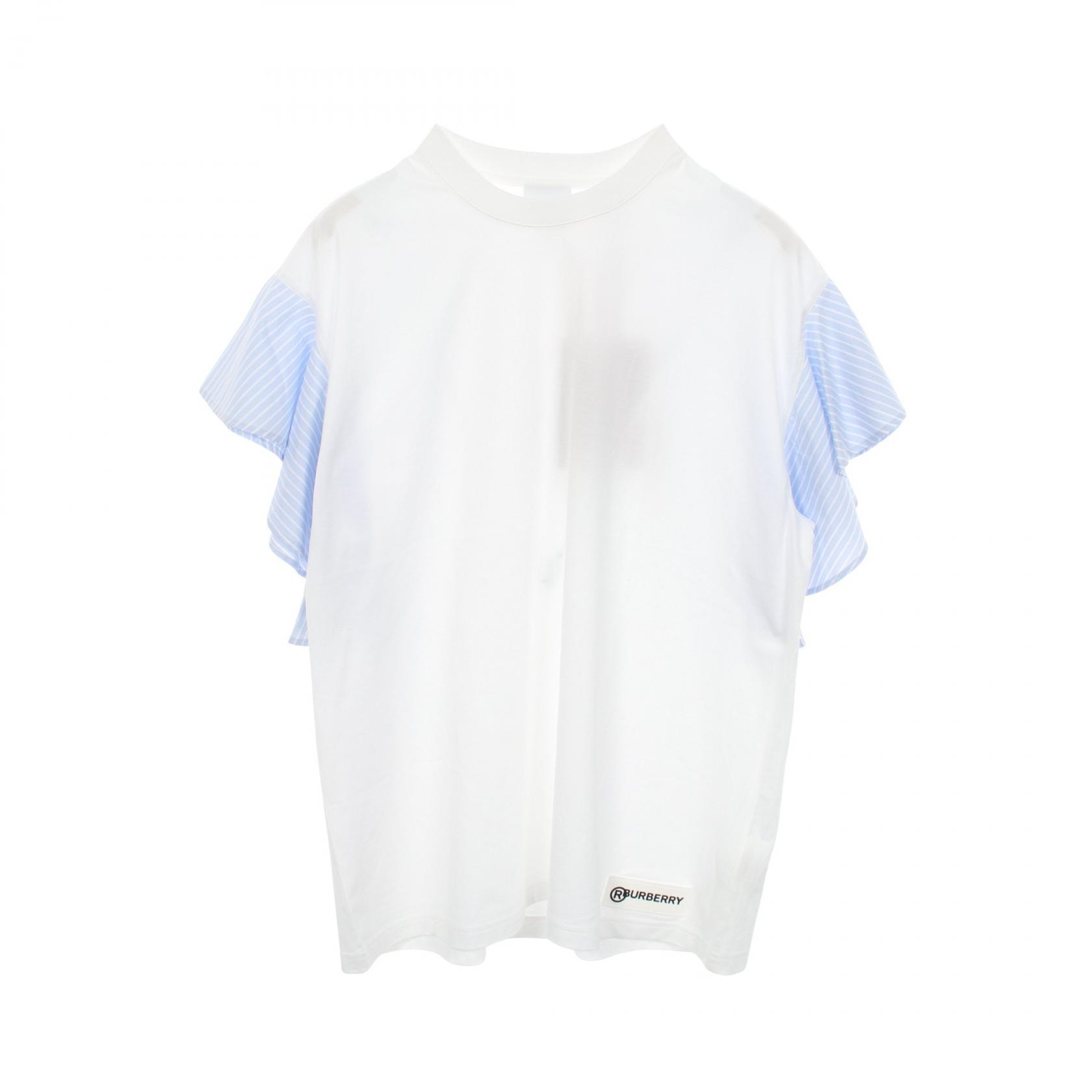 バーバリー BURBERRY ストライプ フリル袖 半袖Tシャツ 衣料品 トップス コットン レディース ホワイト系 / ブルー系 8029573 【中古】