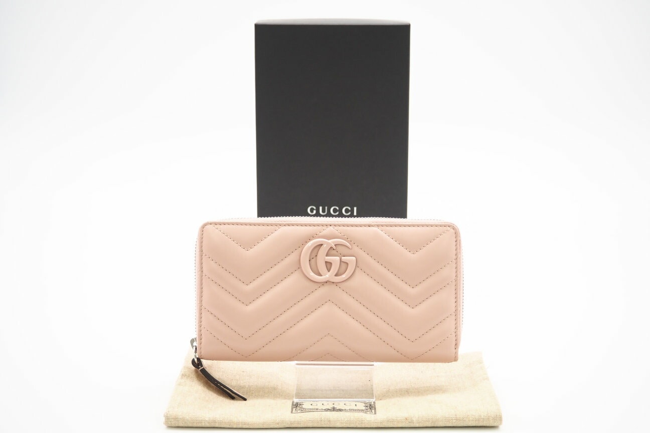 極美品 GUCCI グッチ GGマーモント ラウンドジップウォレット 443123 長財布 ピンク レザー レディース