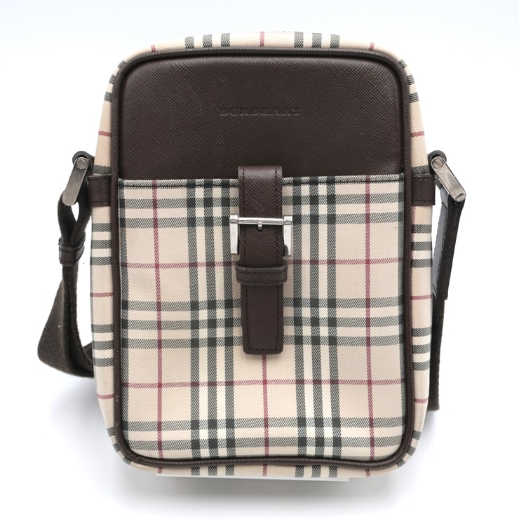 BURBERRY(バーバリー)ヴィンテージ ショルダーバッグ ノバチェック ベージュ ブラウン キャンバス レザー 縦型 コンパクト 斜め掛け クロスボディ レディース メンズ ユニセックス【中古】