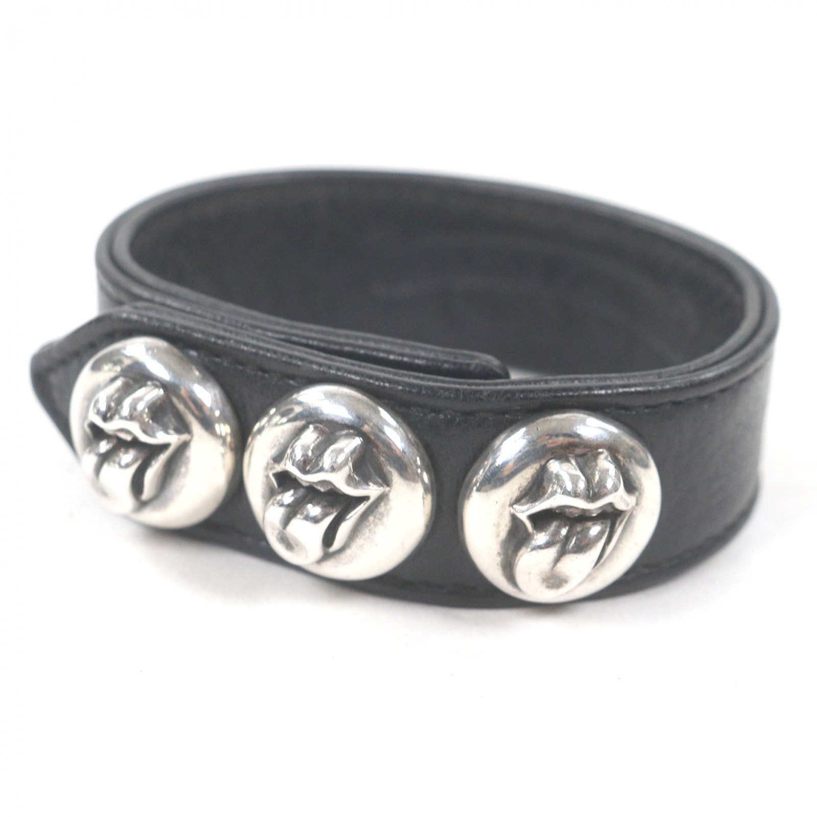 Chrome Hearts 3 Button 2 Snap Rolling Stones Lip & Tan Leather Bracelet "Black"