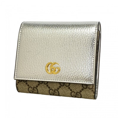 【6da0730-k】グッチ 財布 GGマーモント 598587 レザー ベージュ シルバー ゴールド金具【中古】レディース