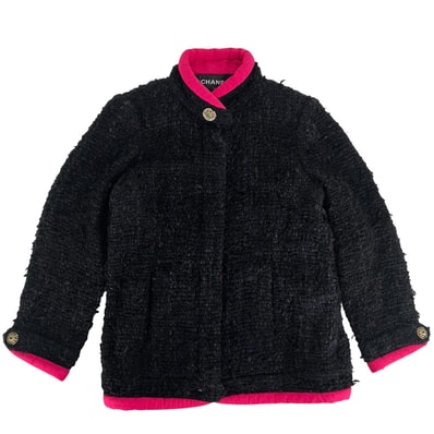 CHANEL シャネル ノーカラージャケット スタンドカラー グリポアボタン アパレル アウター 服 ヴィンテージ ジップジャケット 40 ブラック 黒 ピンク ゴールド金具 シルク レディース 秋 冬【中古品】