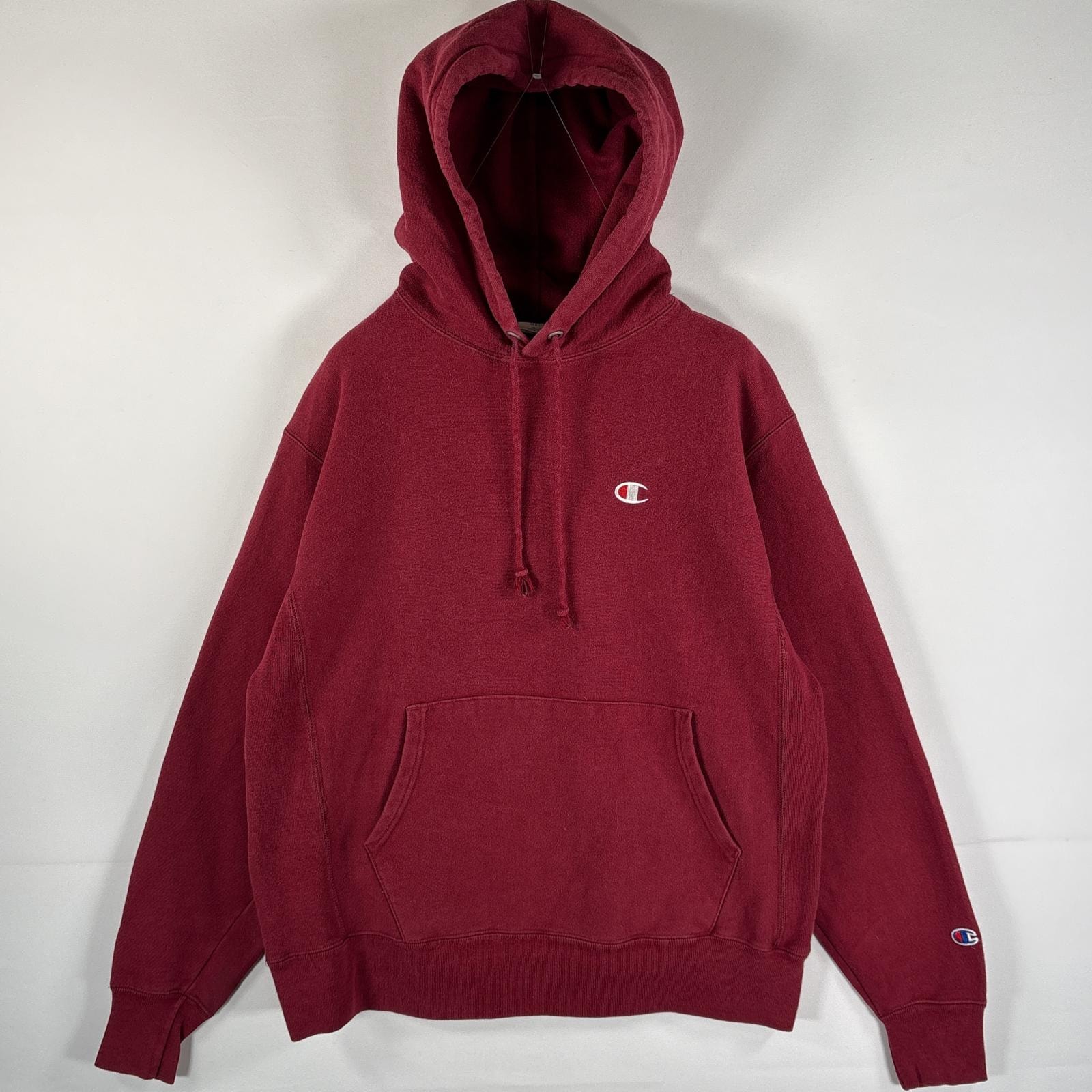 古着 チャンピオン Champion パーカー リバースウィーブ 復刻 ヘビーウェイト マフポケット ワンポイントロゴ刺繍 MEDIUM レッド メンズ