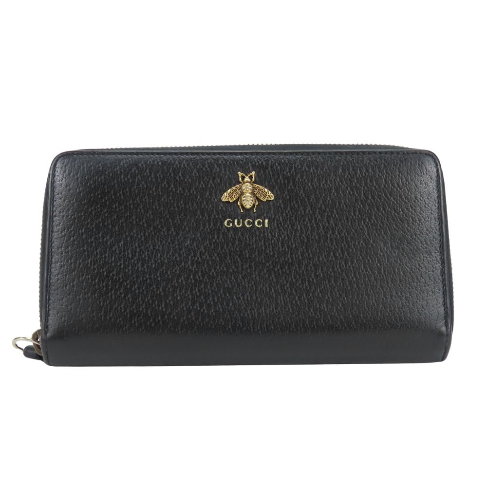 【中古】 グッチ 長財布(ラウンドファスナー) 523667 レザー ブラック ビー レディース 女性 GUCCI