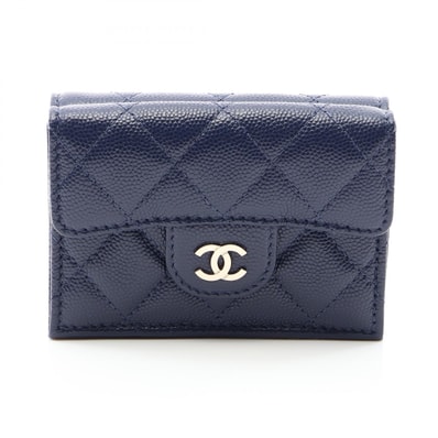 シャネル CHANEL クラシック スモール フラップ ウォレット マトラッセ 三つ折り財布 財布 キャビアスキン(グレインドカーフ) レディース ネイビー系 AP0230 【中古】