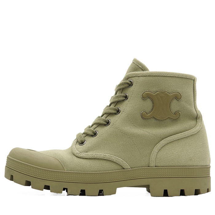 SALE【美品】CELINE セリーヌ レースアップブーツ サイズ 37 レディース Patapans パタパン キャンバス × ラバー シグネチャー ロゴ トリオンフ レザーパッチ アンクル シューズ 靴 袋付属 カーキ イタリア製