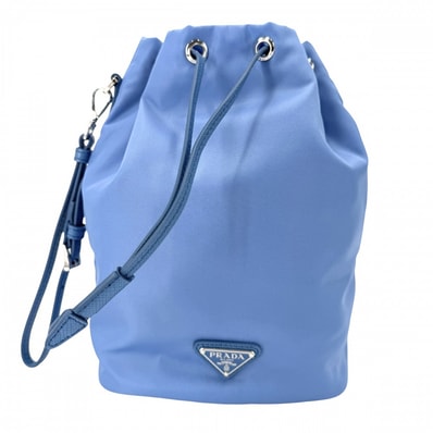 PRADA プラダ ハンドバッグ ポーチ 巾着バッグ 1NS369 ナイロン レザー ライトブルー シルバー金具 レディース 美品【中古品】