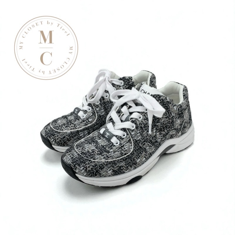 シャネル CHANEL スニーカー 靴 シューズ ファブリック グレー ブラック ホワイト ココマーク ロゴ