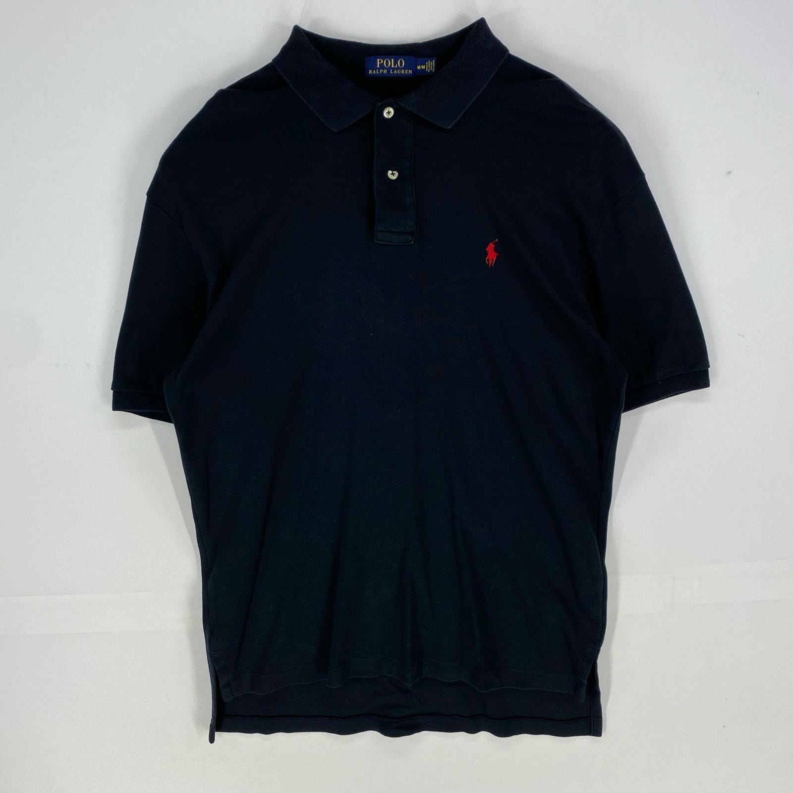 古着 ポロ・ラルフローレン POLO RALPH LAUREN 半袖シャツ ワンポイント刺繍 ロゴ ショートスリーブ ポロシャツ M  ブラック系 メンズ