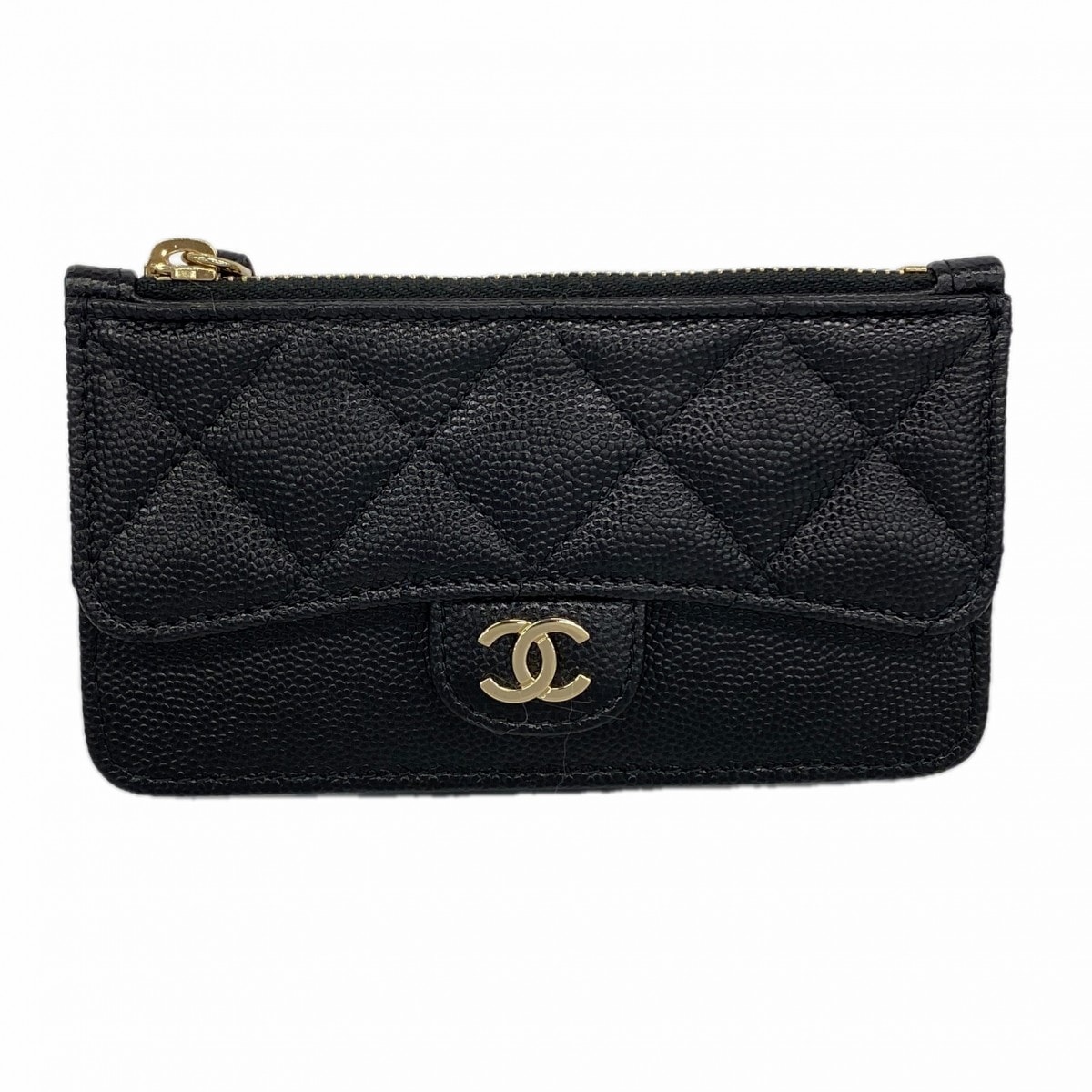 【6dd4809】シャネル コインケース マトラッセ キャビアスキン ブラック シャンパンゴールド金具【中古】レディース
