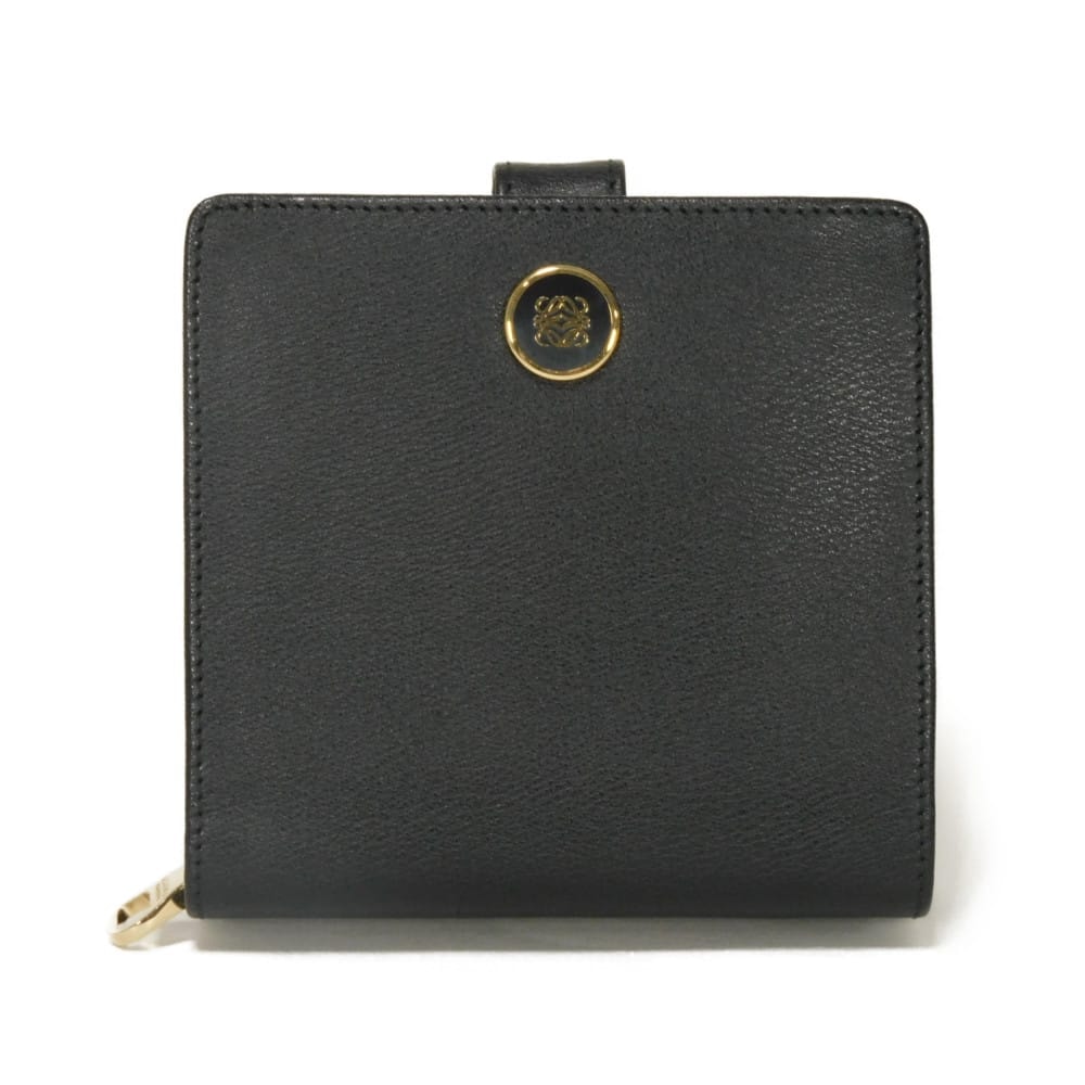 LOEWE ロエベ バイフォールド ジップ ウォレット カーフ ゴールド スナップボタン 札入れ カードケース コインケース アナグラム ボタン ブラック 二つ折り財布 118.30A53