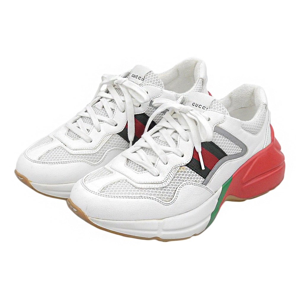 グッチ メッシュ×レザー Rhyton スニーカー シューズ メンズ ホワイト系 8 8