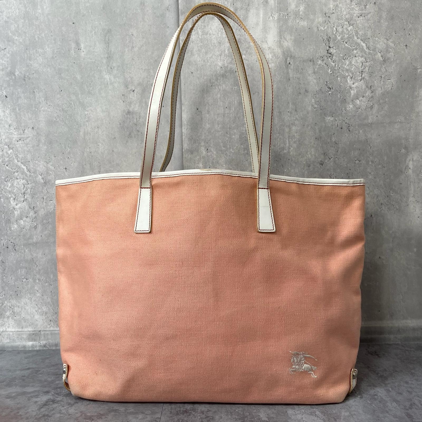 【BURBERRY】バーバリー ブルーレーベル トートバッグ リネン レザー ホースロゴ 刺繍 サーモンピンク 日本製 大容量 肩掛け レディース