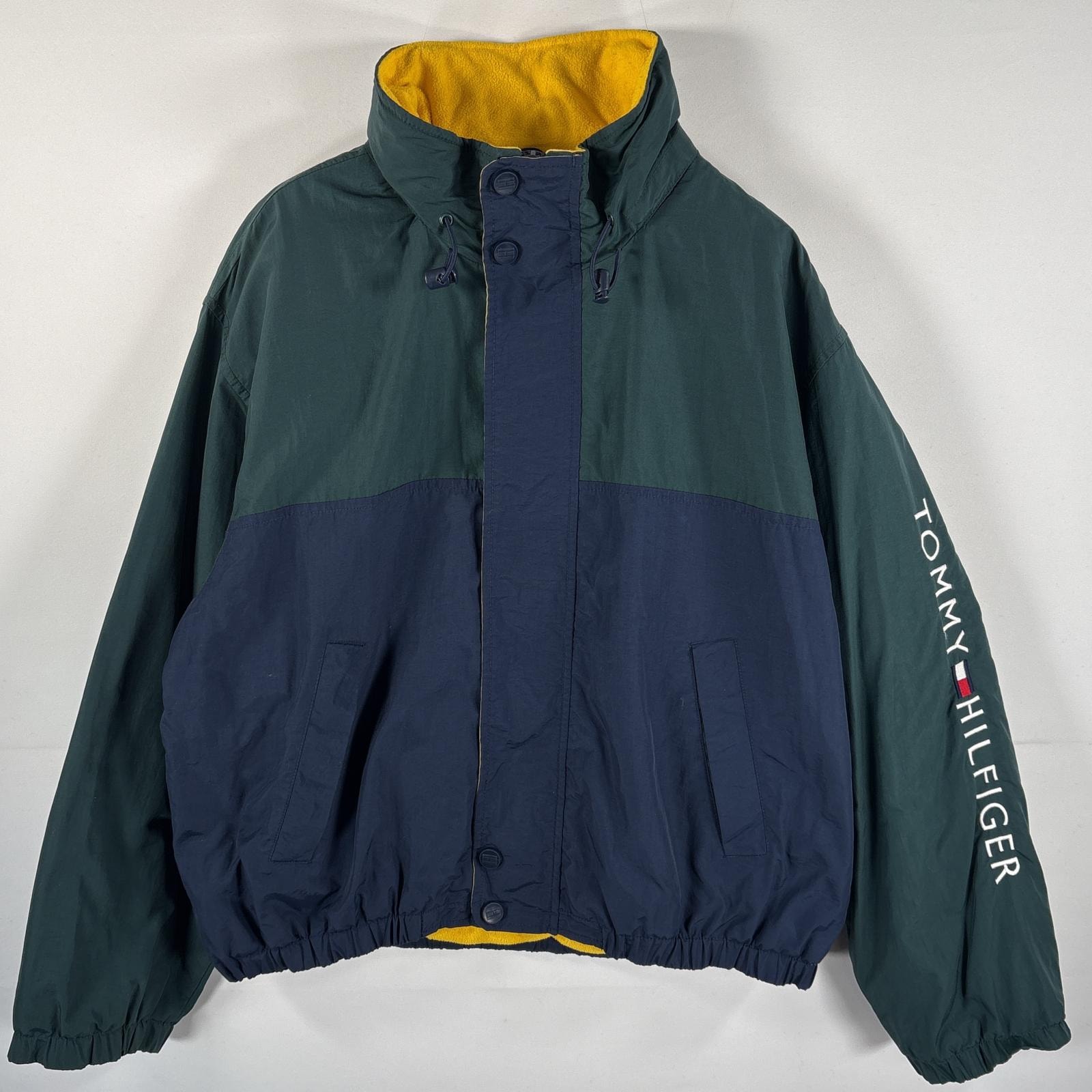 古着 90's/90年代 トミーヒルフィガー TOMMY HILFIGER セーリングジャケット ビッグロゴ フード付き フリースライナー XL  グリーン メンズ