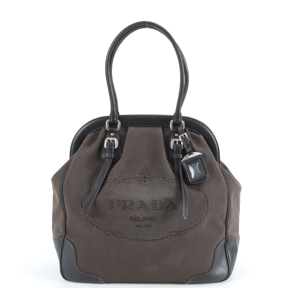 ■美品 プラダ ロゴ ジャガード トライアングルロゴトート バッグ