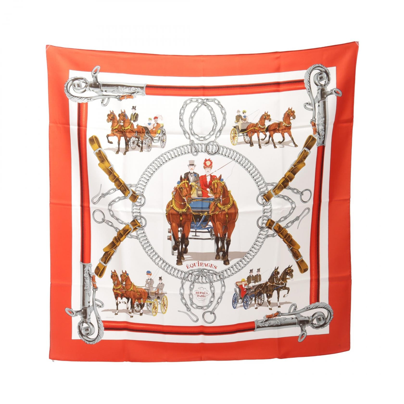 エルメス HERMES カレ90 EQUIPAGES スカーフ 衣料品 シルク シルク ホワイト レディース ホワイト系 / レッド系 / マルチカラー 【中古】
