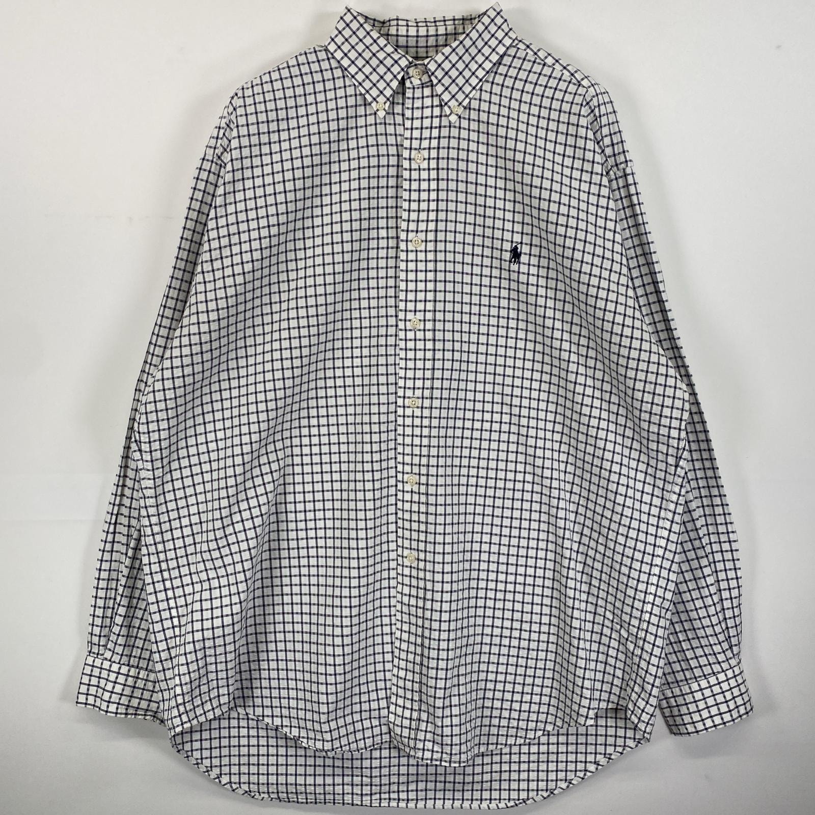古着 90's/90年代 ラルフローレン RALPH LAUREN シアサッカー 長袖シャツ ボタンダウン ワンポイントロゴ ビックリサイズ L  ホワイト系 チェック メンズ