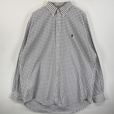 古着 90's/90年代 ラルフローレン RALPH LAUREN シアサッカー 長袖シャツ ボタンダウン ワンポイントロゴ ビックリサイズ L ホワイト系 チェック メンズ