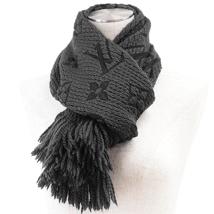 【美品】LOUIS VUITTON ルイ・ヴィトン マフラー エシャルプ・ロゴマニア  LV モノグラム ウール × シルク ストール 大判 小物 メンズ レディース ユニセックス チャコール ブラック 黒 イタリア製 413287